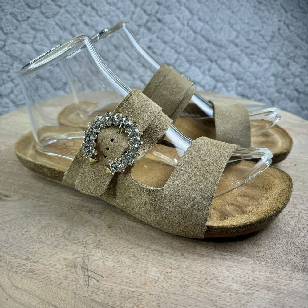 Yokono Beige Suede Ortho+ Sandals With‎ Rhinestone Buckle Size 8 Made in Spain